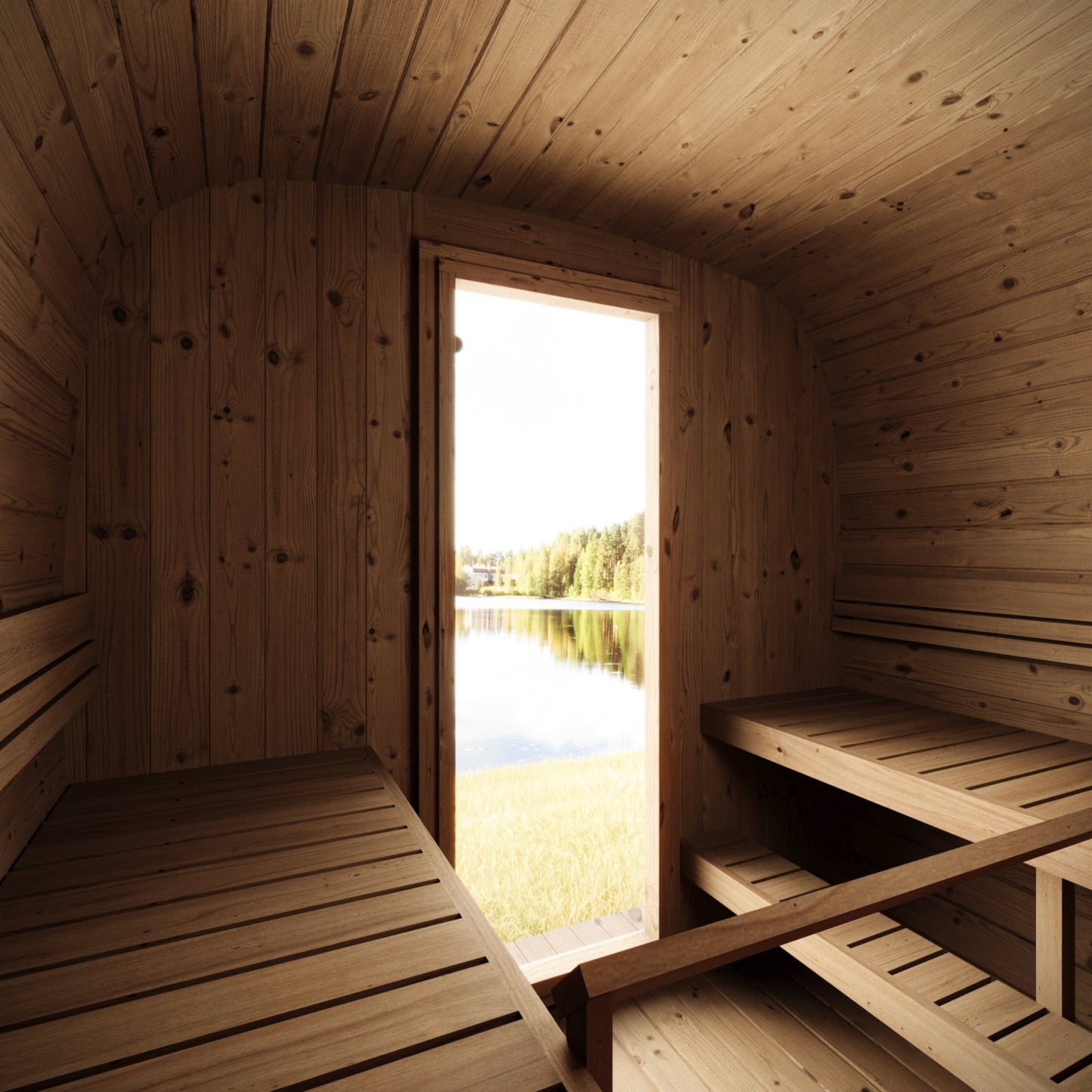 Cube 220 outdoor sauna overlooking the lake and forest.