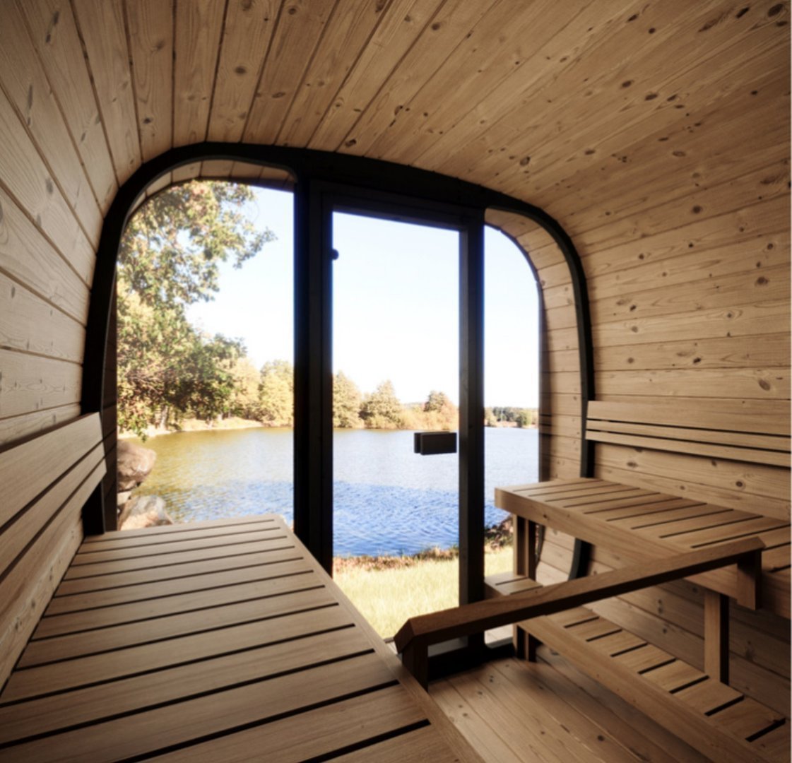Cube 220 outdoor sauna with modern design and lake view.