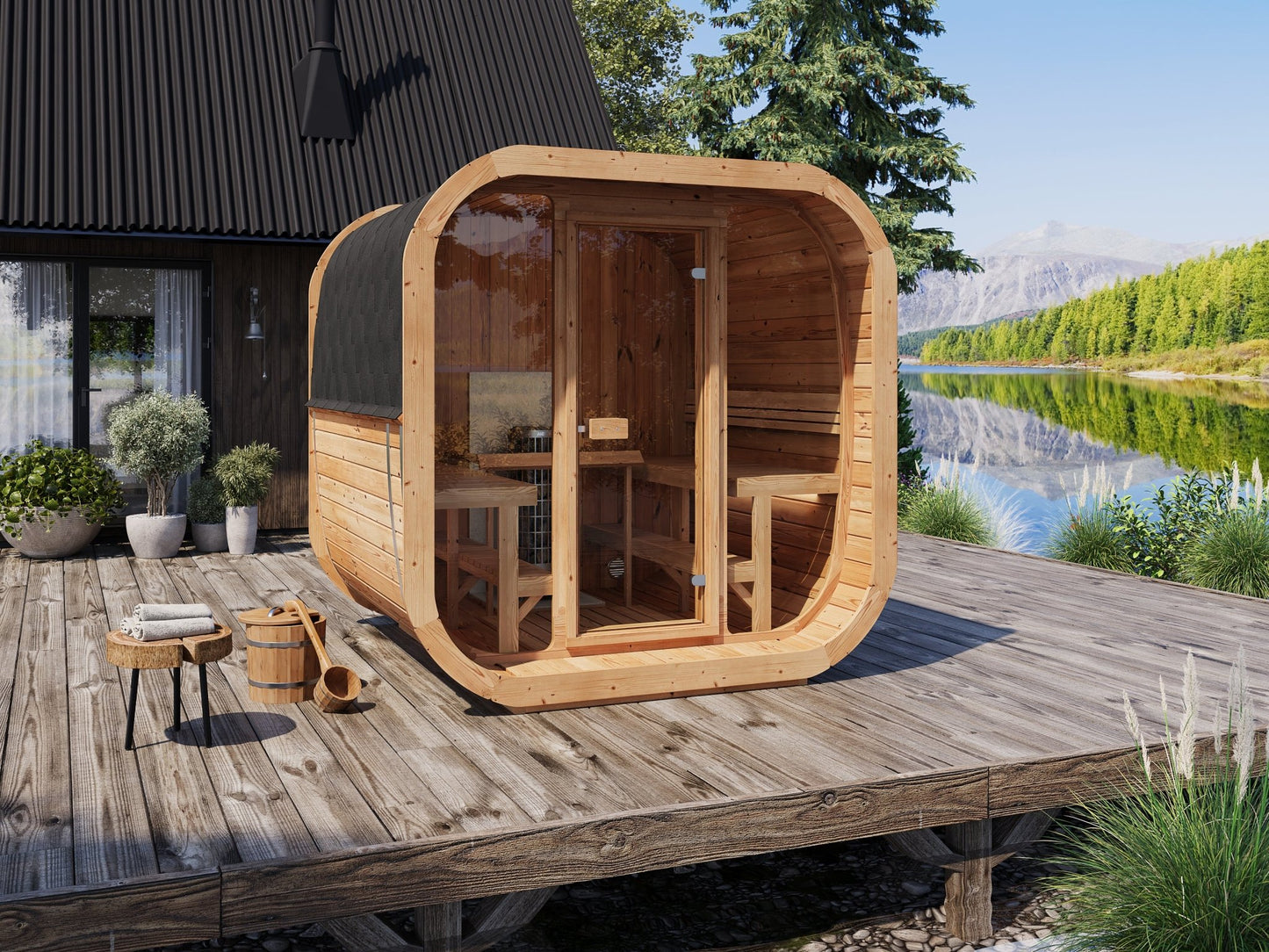 Outdoor sauna Cube 220 on wooden deck, external view.