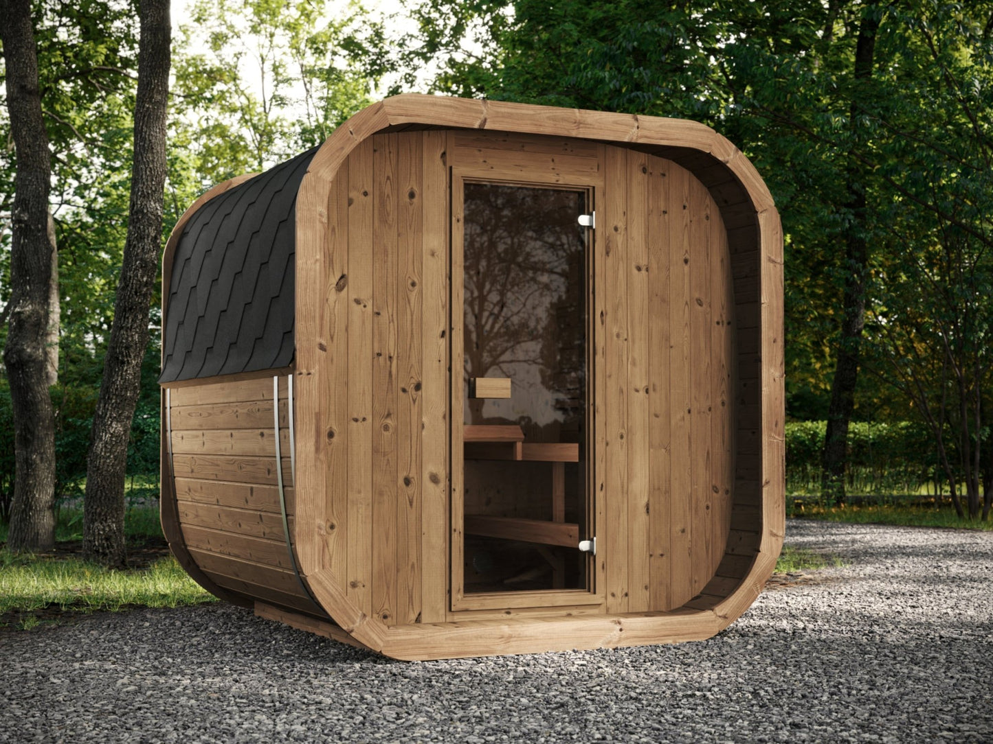 Cube 220 outdoor sauna with glass door.