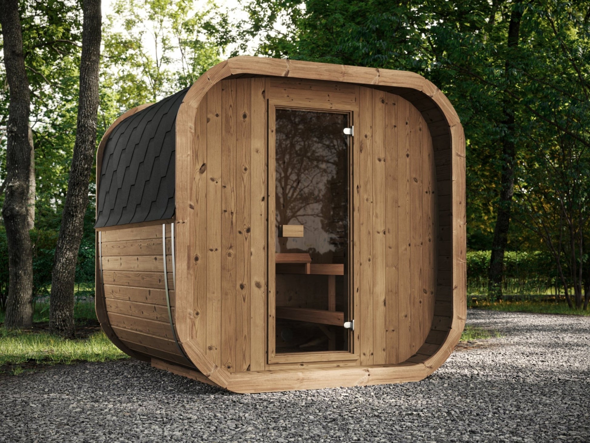 Cube 220 outdoor sauna with glass door.