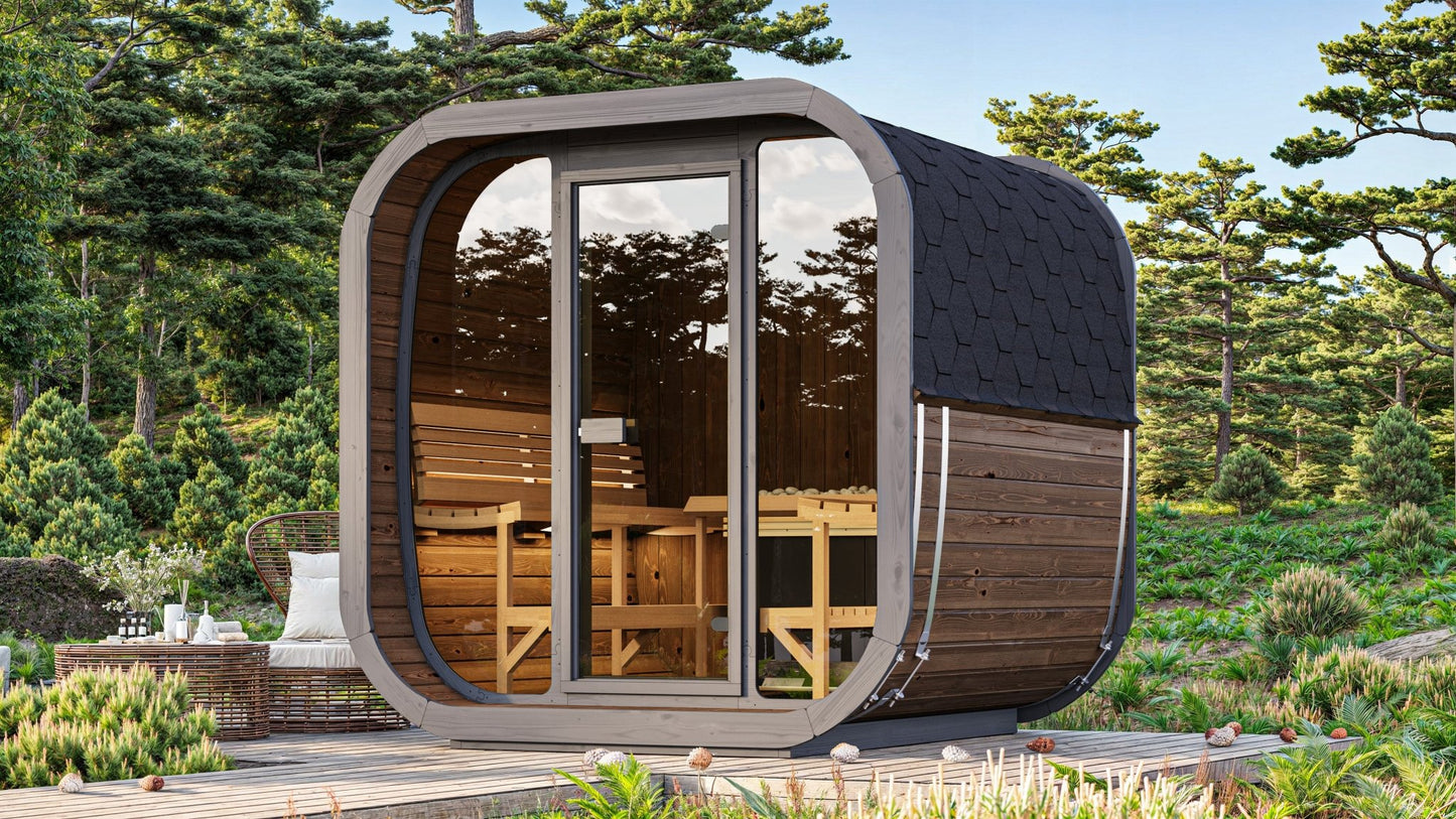 Cube 220 outdoor sauna with glass door and wooden structure.