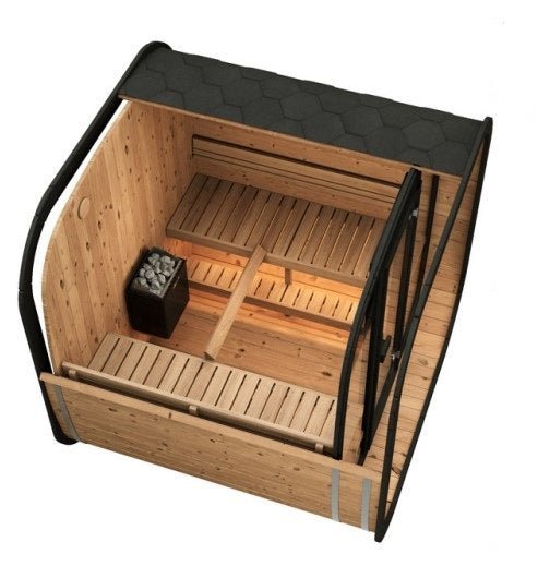 Cube 220 outdoor sauna with black door and ergonomic seats.