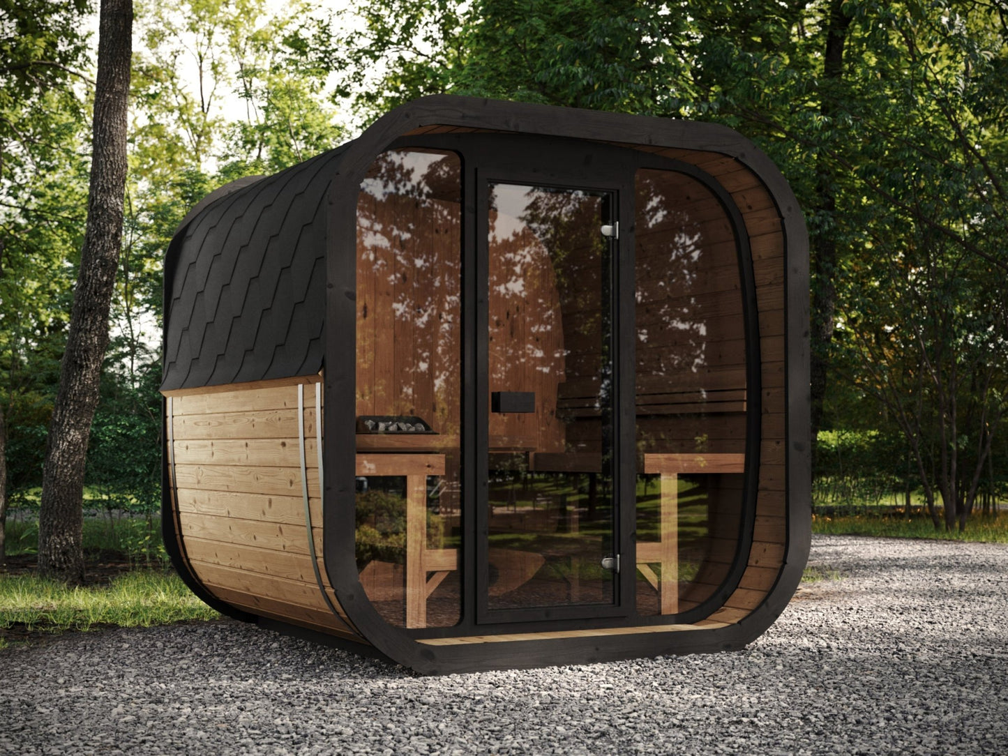 Cube 220 outdoor sauna with glass door.