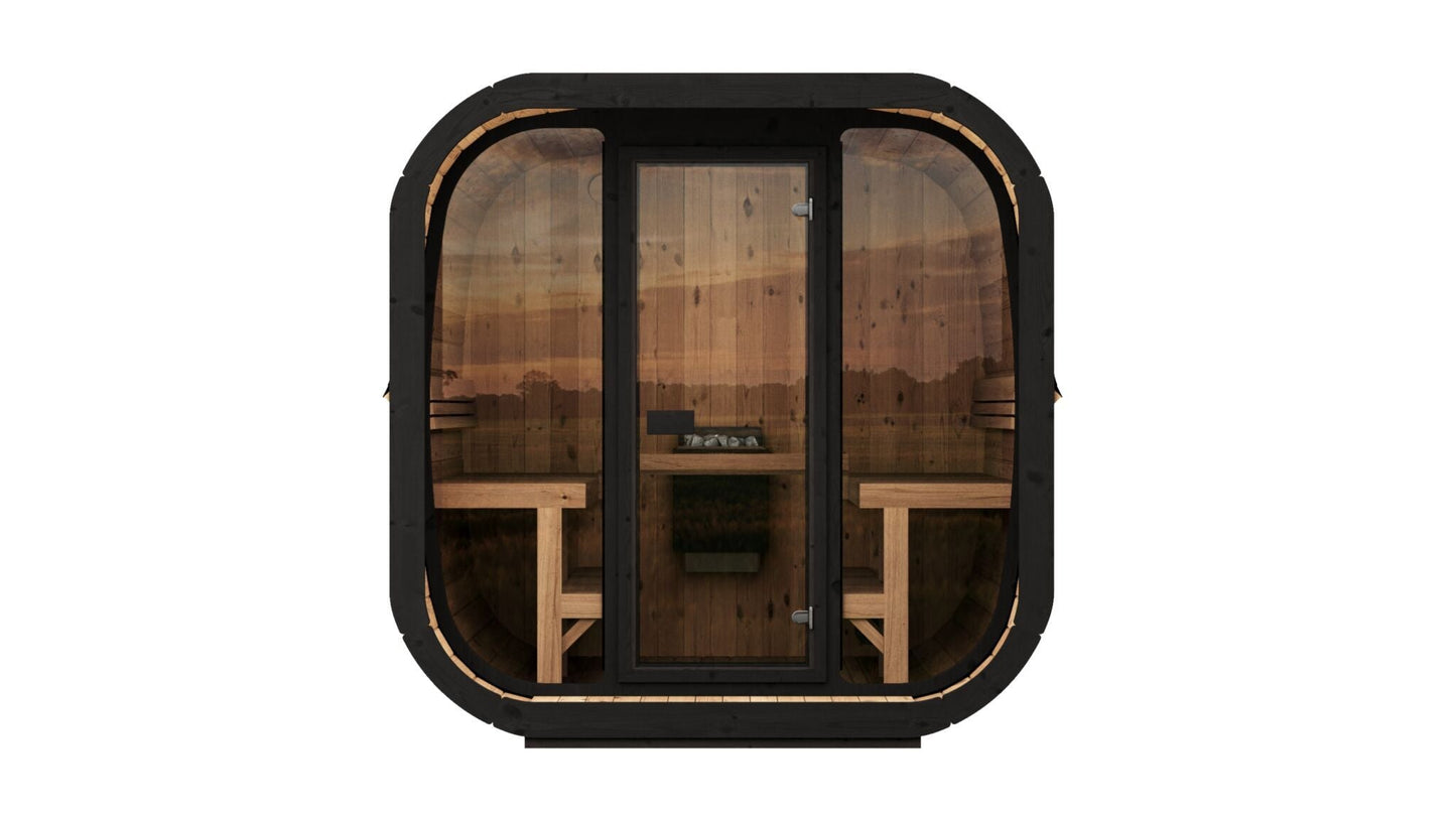 Cube 220 outdoor sauna with glass door and contemporary design.