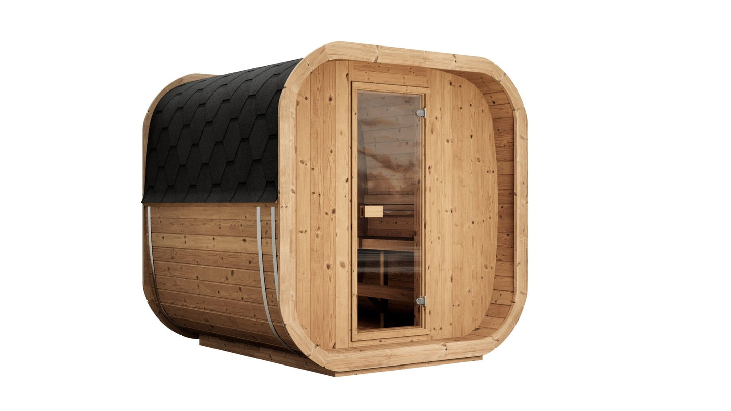 Cube 220 outdoor sauna with glass door.