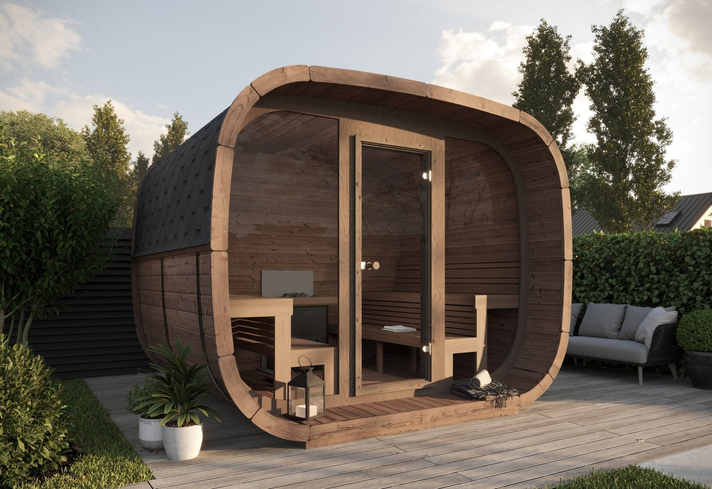 Sauna exterior Cubículos de madera con cristal y piedra.
