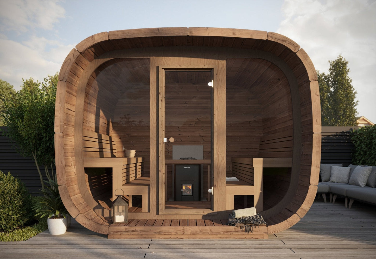 Sauna exterior Cubus con chimenea y espacio para 8 personas.