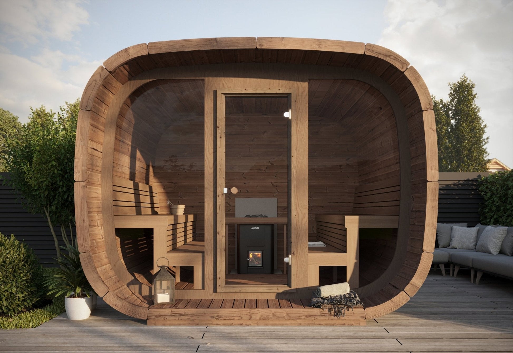Cubus outdoor sauna with fireplace and space for 8 people.