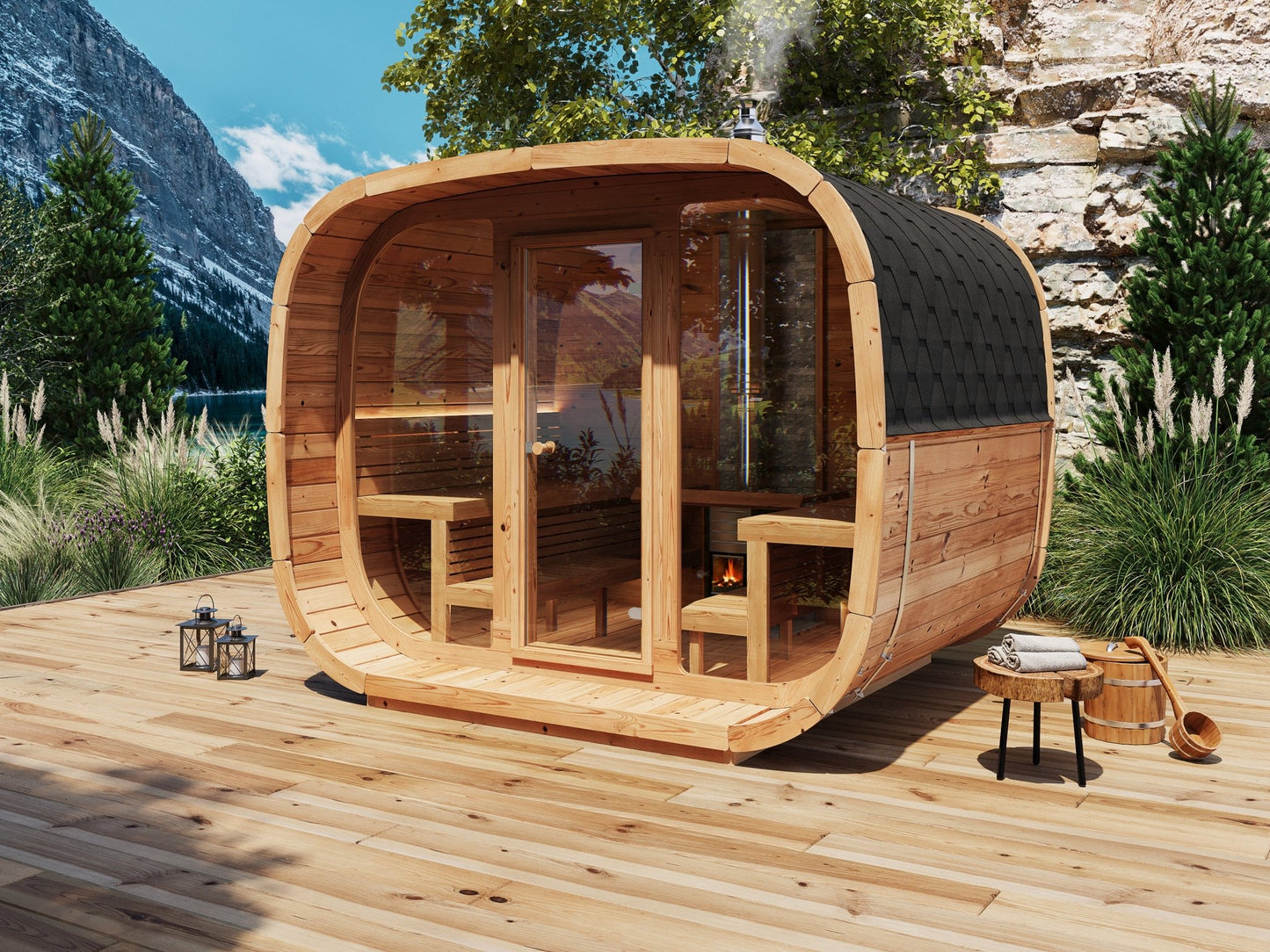 Cubus sauna al aire libre en una cubierta con vistas panorámicas.