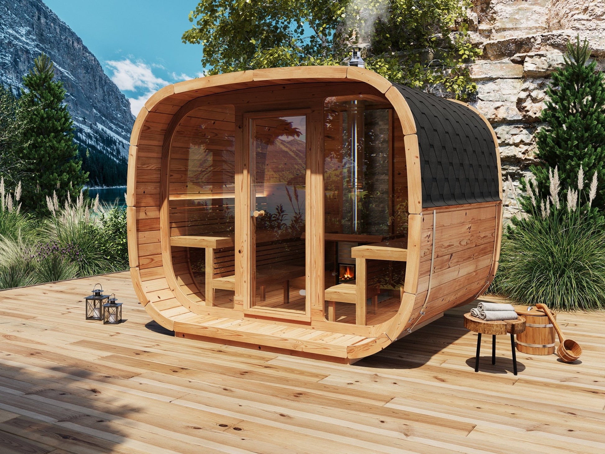 Outdoor Cubus sauna on a deck with panoramic views.