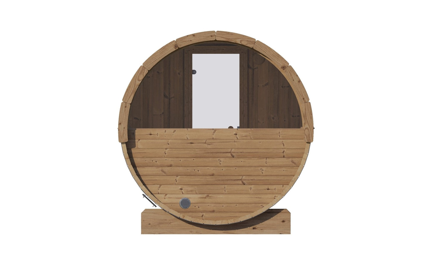 Ergo outdoor sauna in the shape of a barrel with a window.