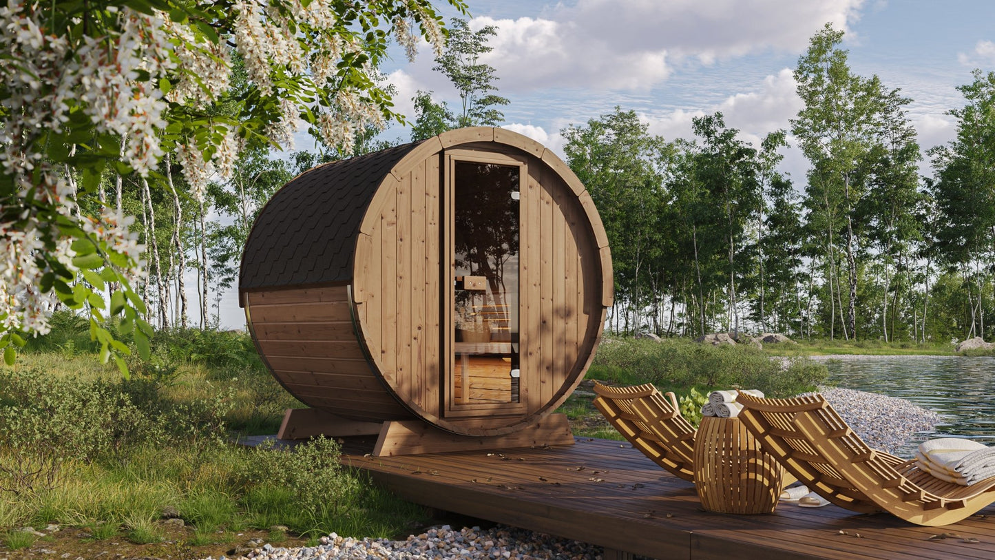 Ergo outdoor sauna in barrel format with deck.