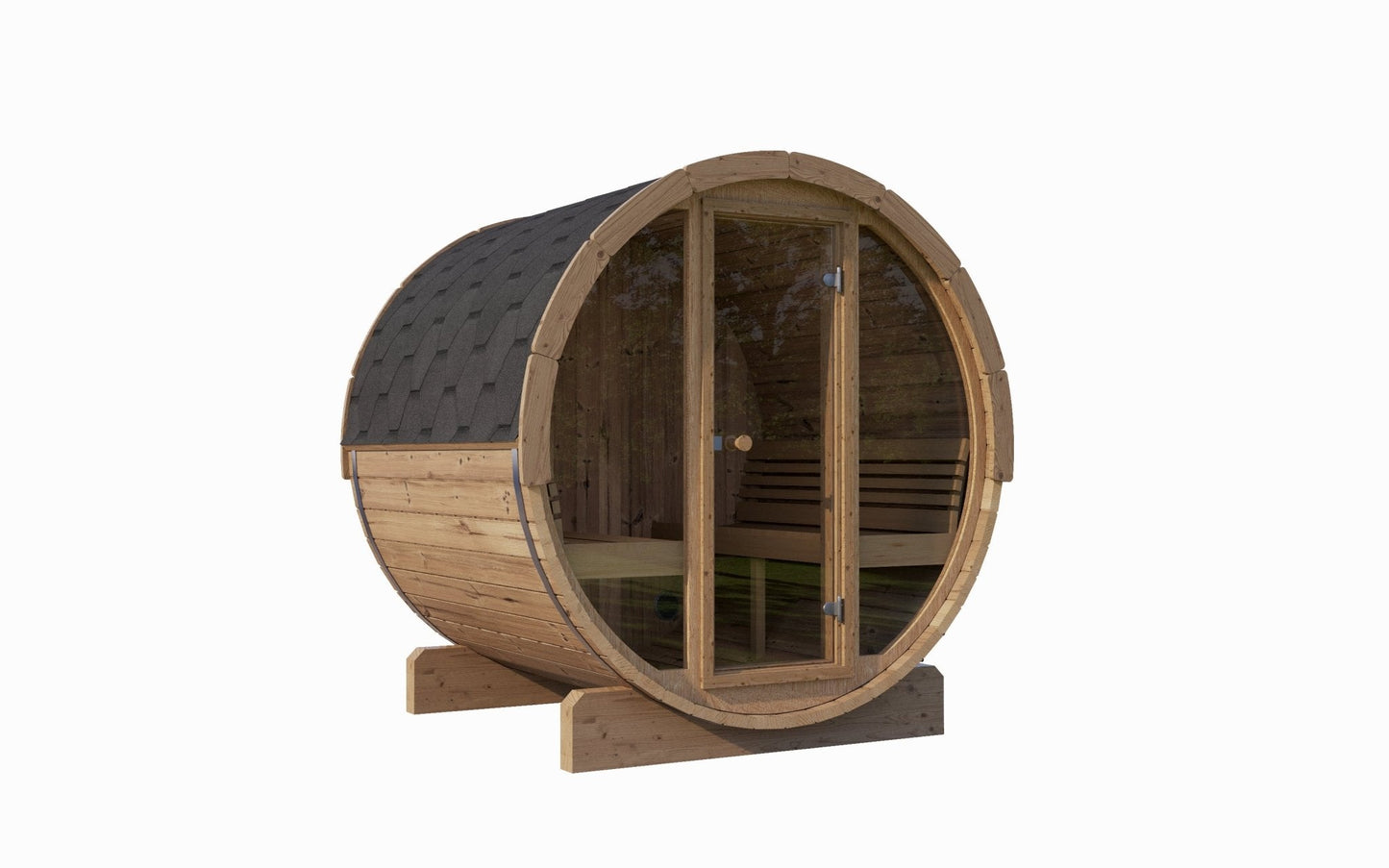 Ergo outdoor sauna in barrel format with glass door.
