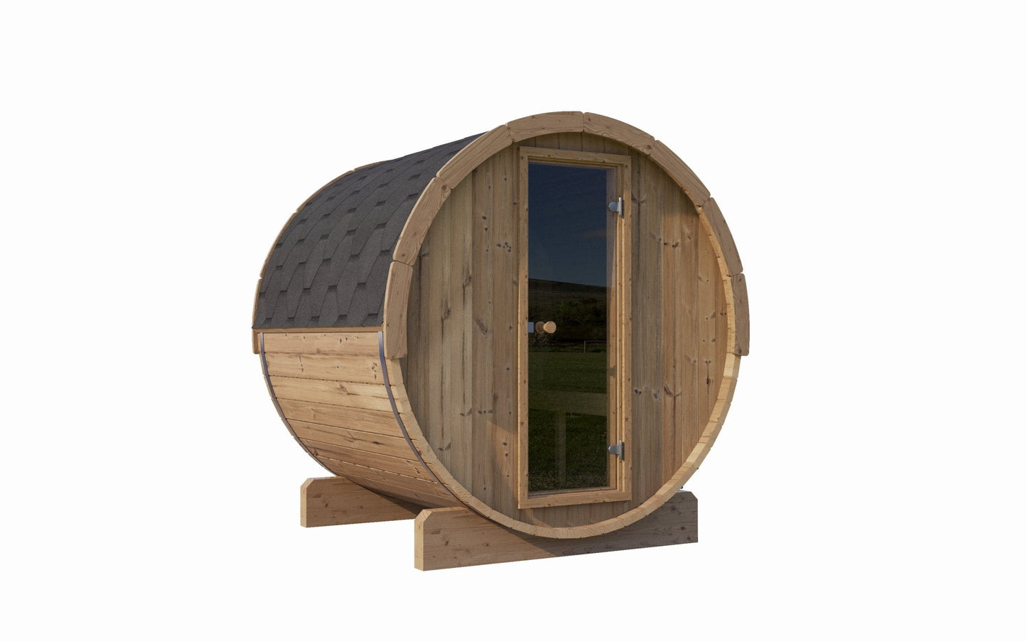 Ergo outdoor sauna in barrel format with door.