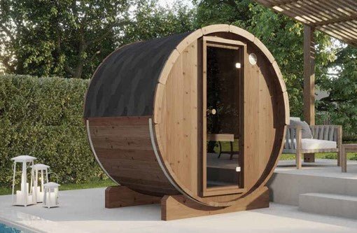 Ergo outdoor sauna in barrel format.