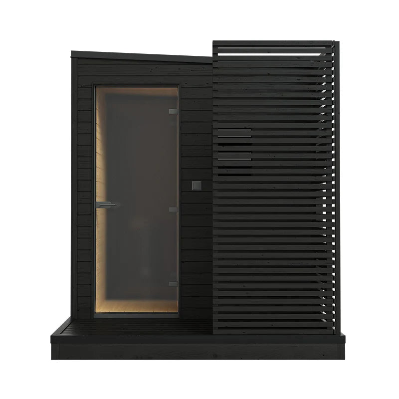 Helsinki L outdoor sauna with tempered glass door.
