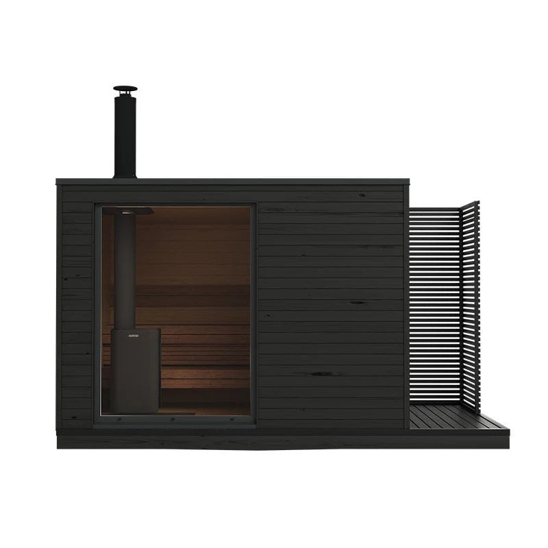 KUUT L wood-burning outdoor sauna with chimney.