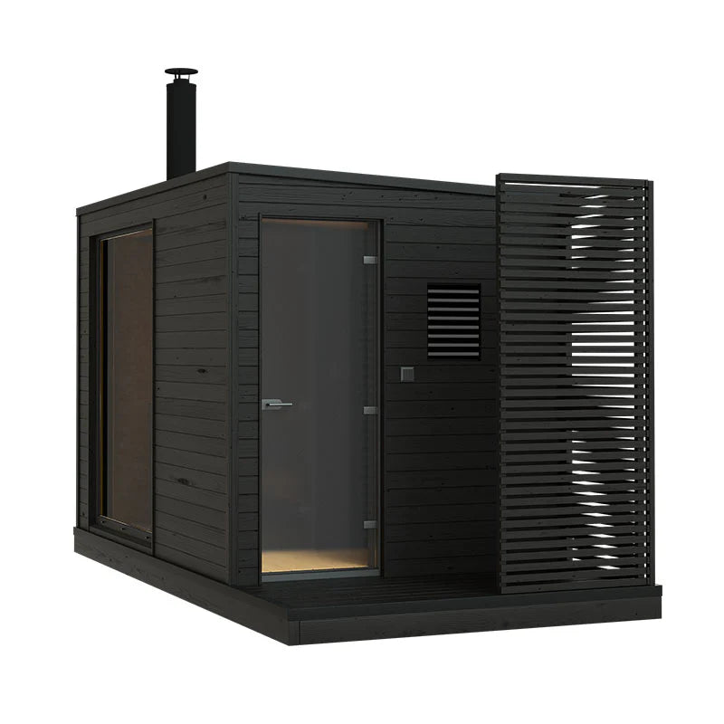 KUUT L wood-burning sauna with glass door.
