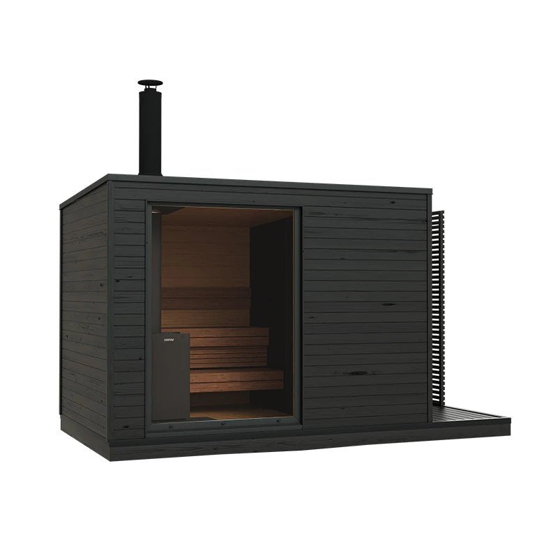 KUUT L wood-burning sauna with chimney and open door.