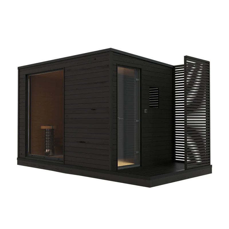 Helsinki L outdoor sauna with open door.