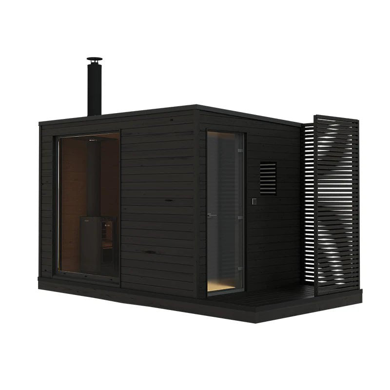 KUUT L wood-burning outdoor sauna with glass door.