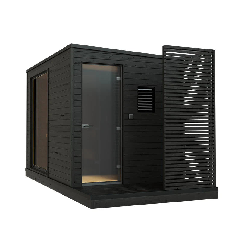 Helsinki L outdoor sauna with open glass door.