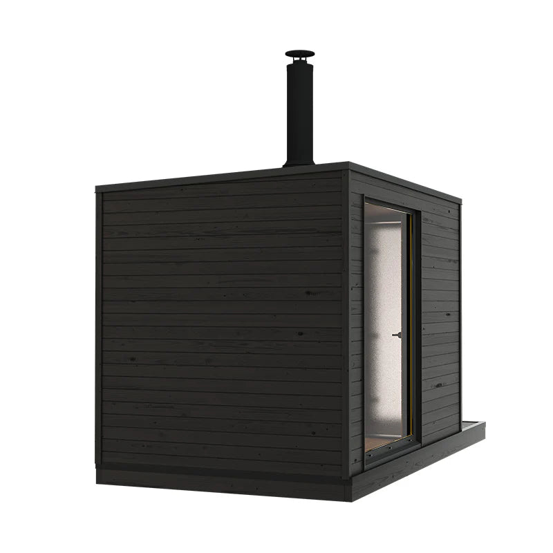 KUUT L wood-burning outdoor sauna with chimney and window.