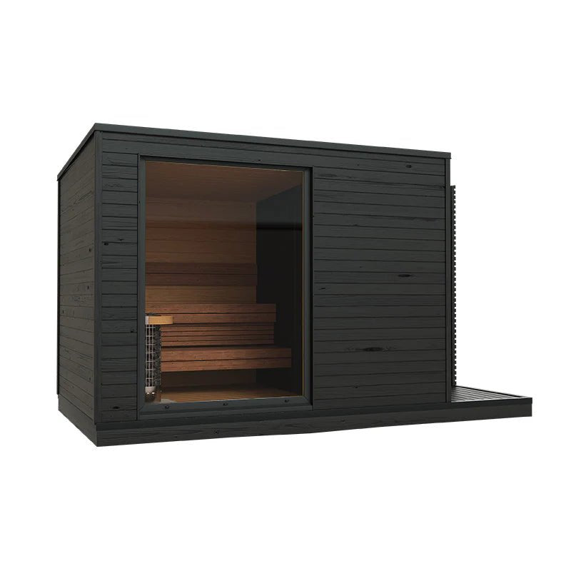 Helsinki L outdoor sauna with elegant design and comfortable seats.