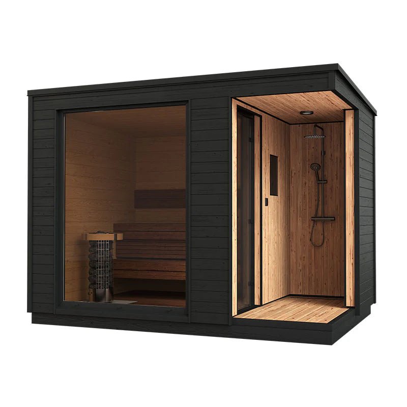 Helsinki L outdoor sauna with integrated shower.