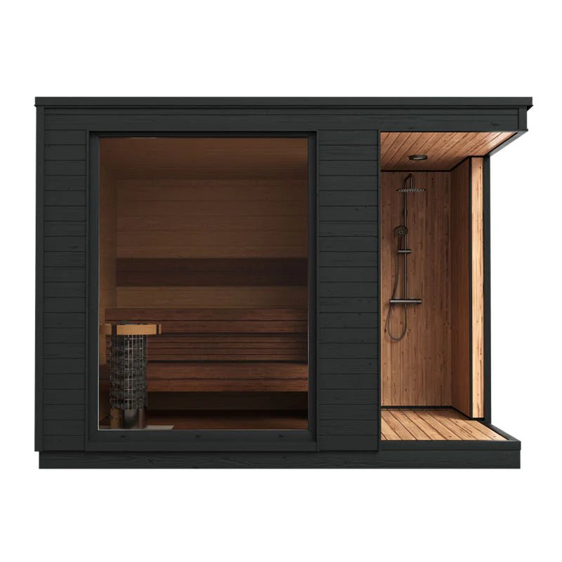 Helsinki L outdoor sauna with integrated shower.