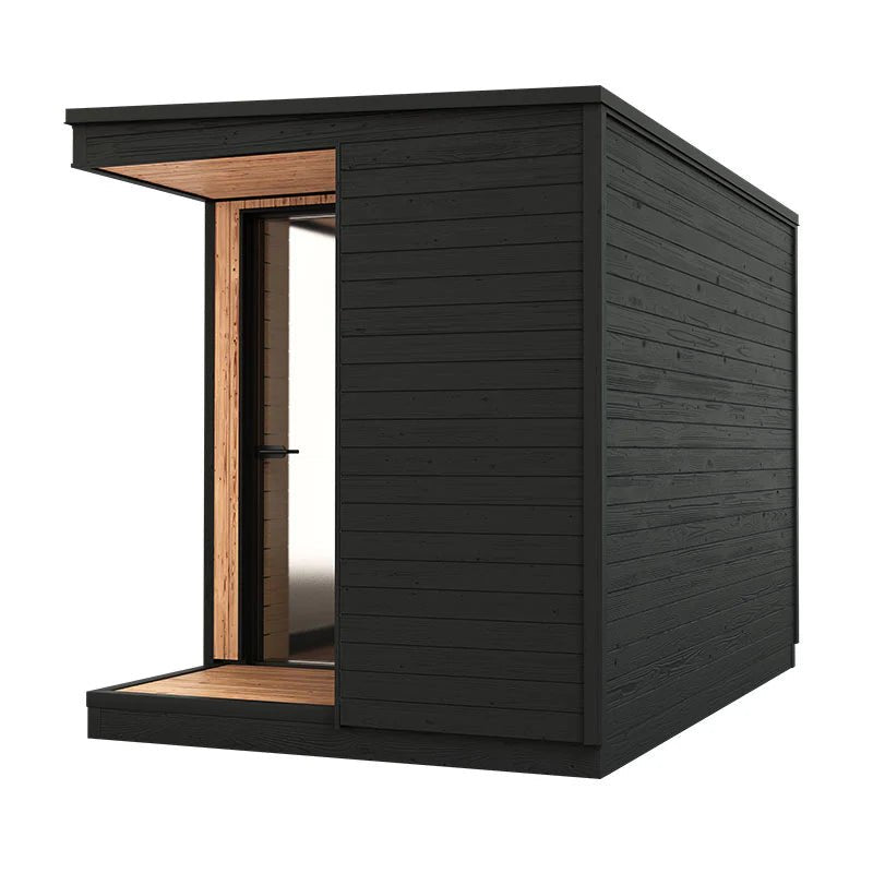 Helsinki L outdoor sauna with shower, open door.