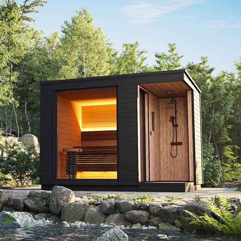 Helsinki L outdoor sauna with shower by the river.