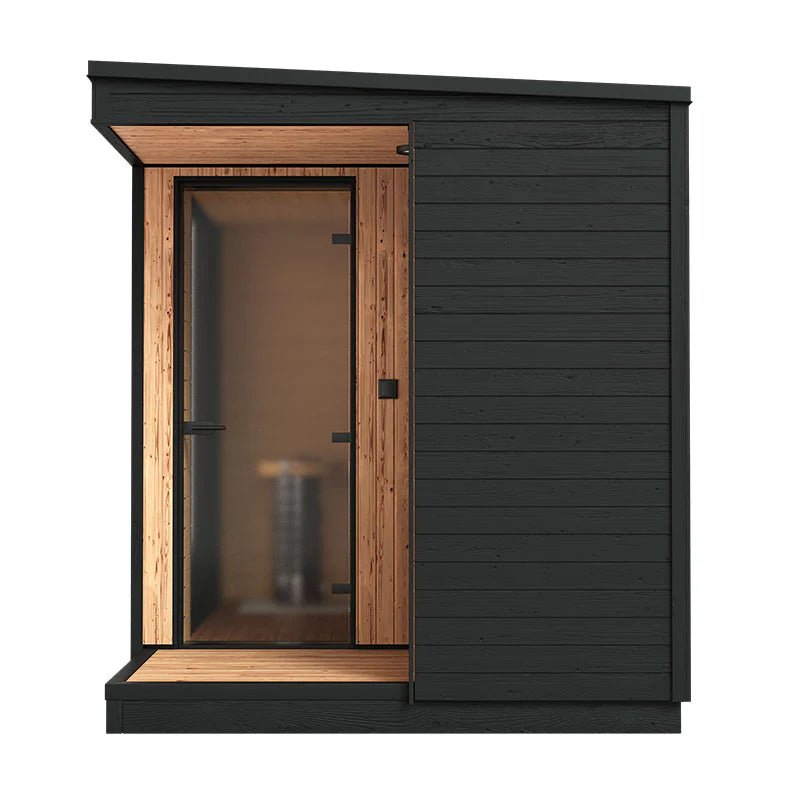 Helsinki L outdoor sauna with shower and glass door.
