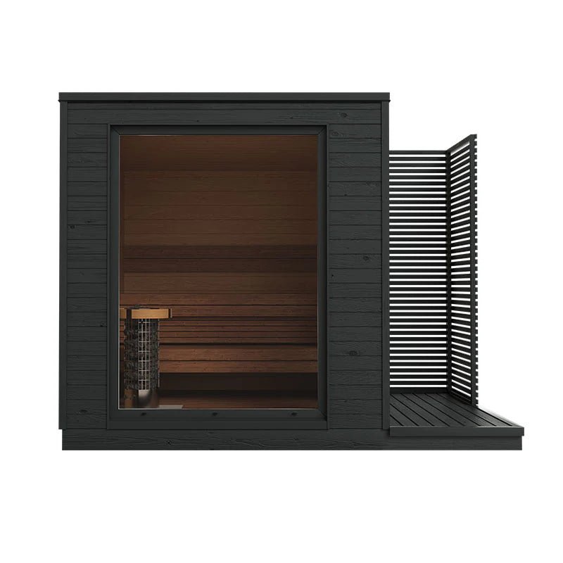 Helsinki M outdoor sauna made of Nordic wood with tempered glass.