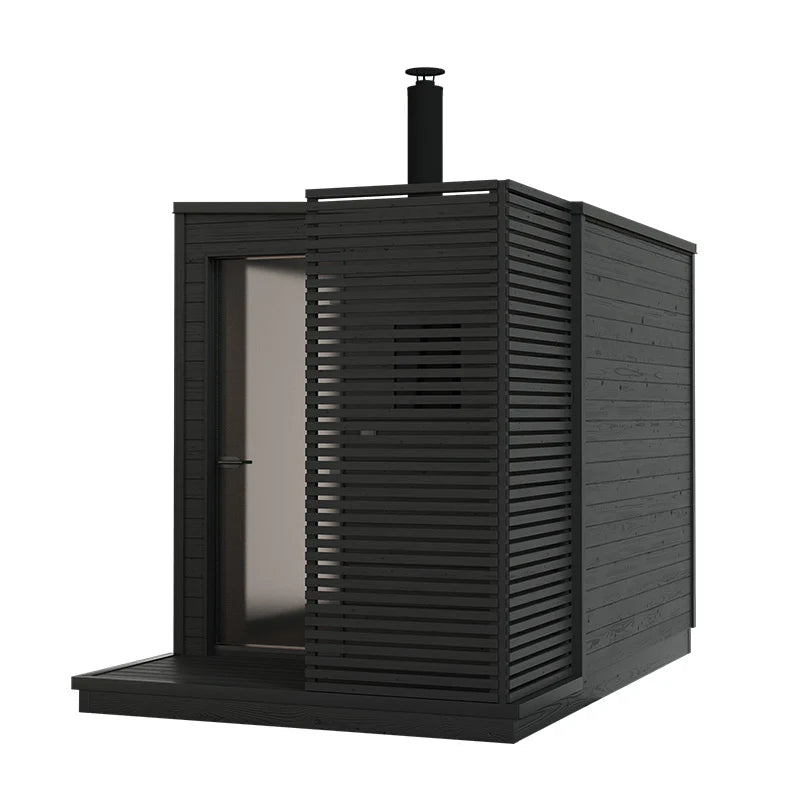 KUUT M wood-burning sauna with glass door.