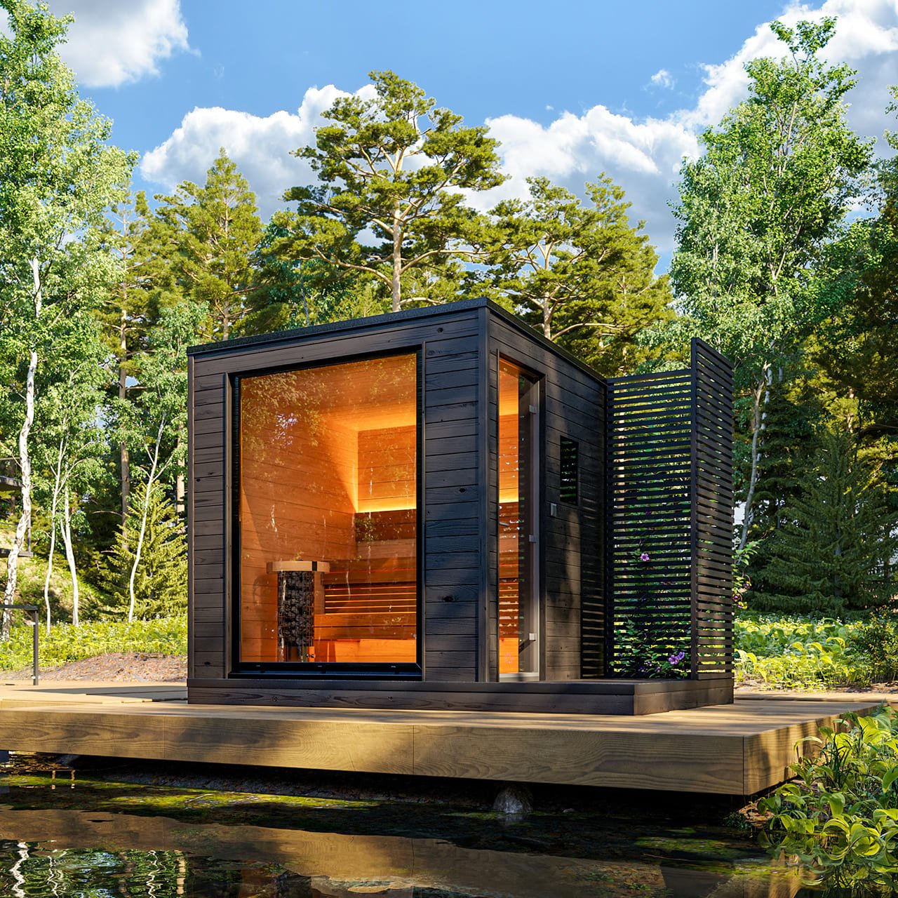 Helsinki M Outdoor Sauna surrounded by trees.