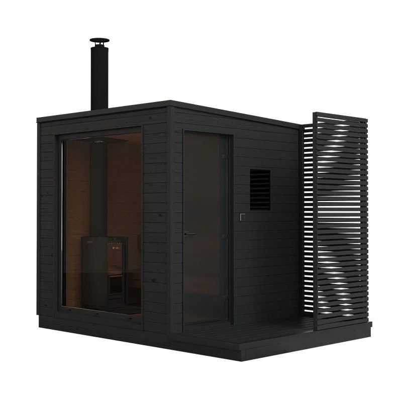 KUUT M wood-burning sauna with modern design and glass door.