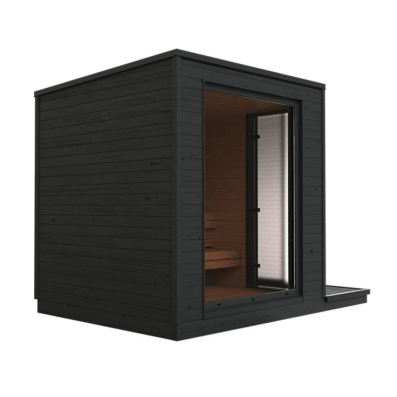 Helsinki M outdoor sauna with wooden door and window.