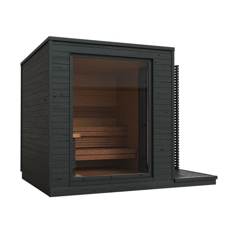 Helsinki M outdoor sauna with tempered glass door.