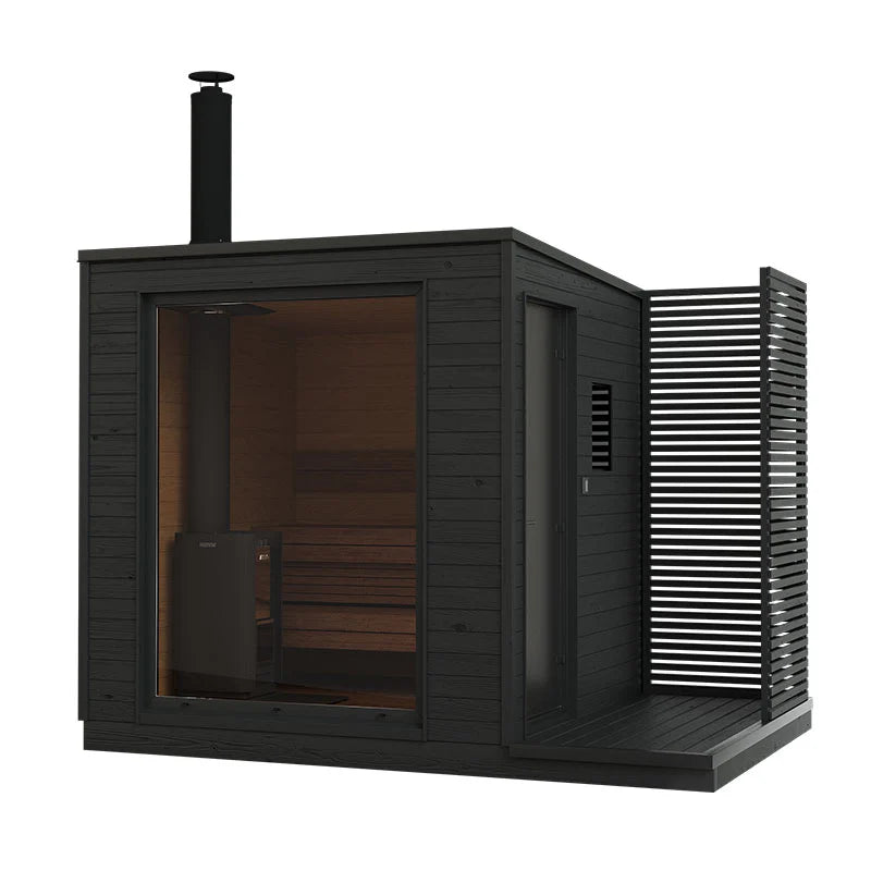Outdoor KUUT M wood-fired sauna with glass door.