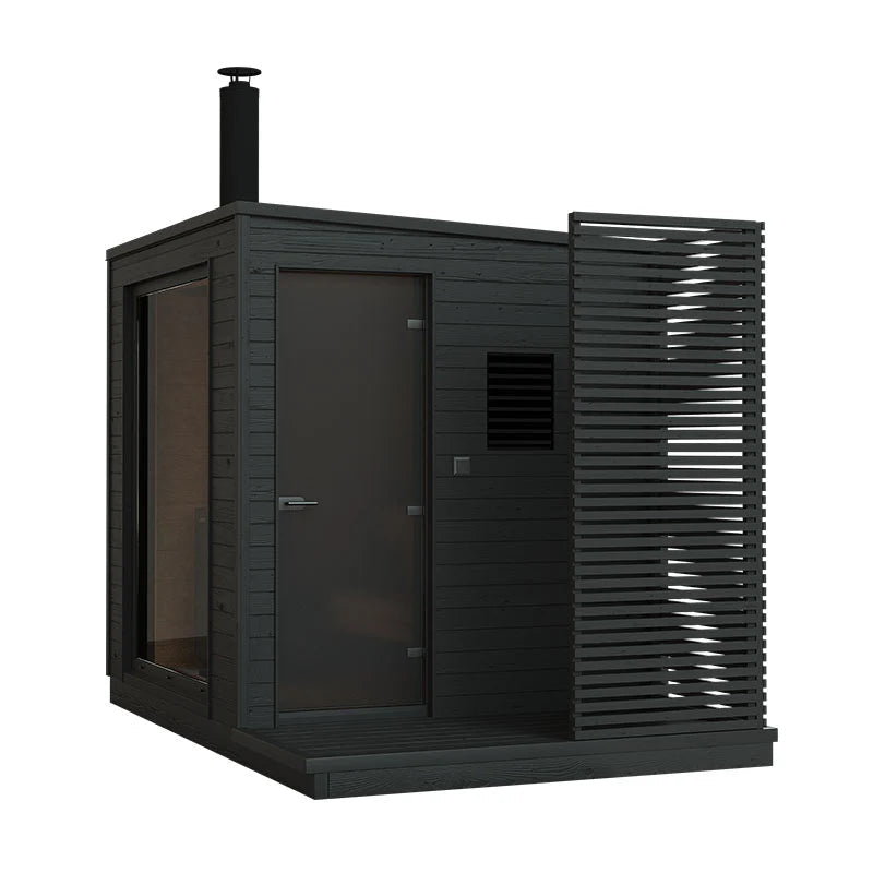 KUUT M wood-burning sauna with modern design and glass door.