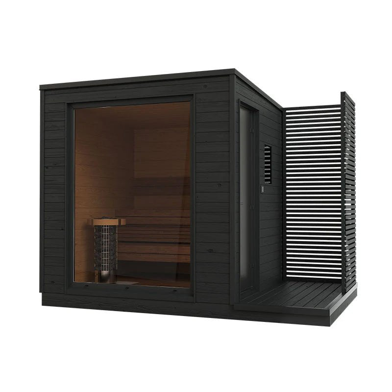 Helsinki M outdoor sauna made of wood with glass windows.