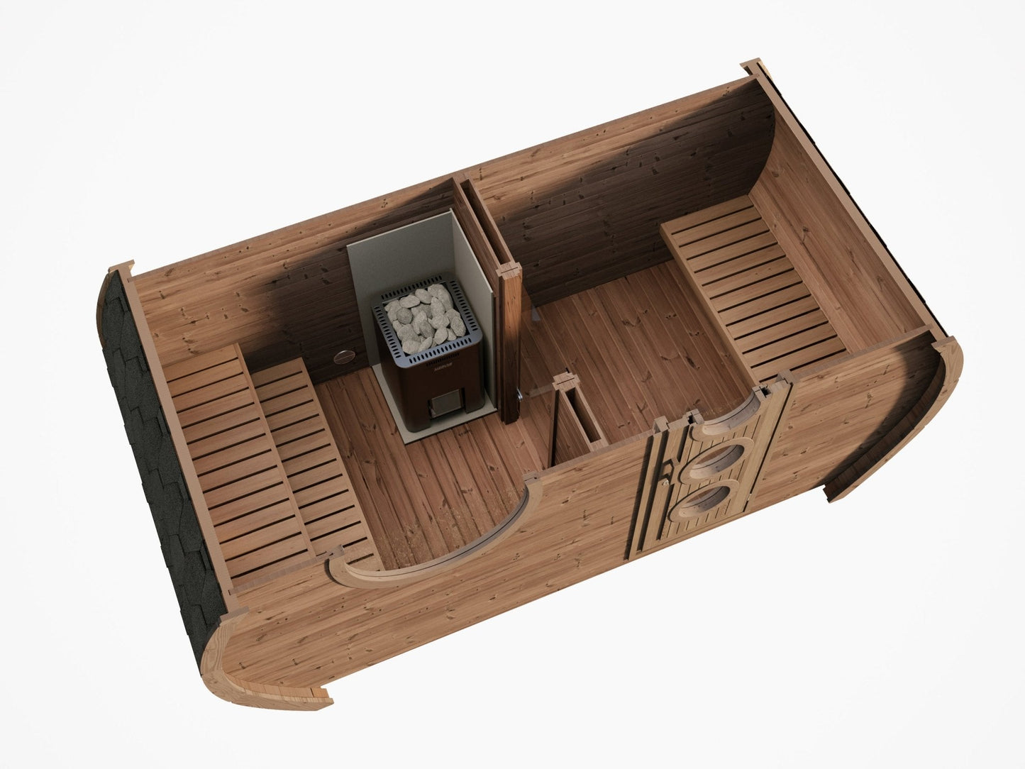 Hobbit 195 outdoor sauna with a curved design and rustic charm.