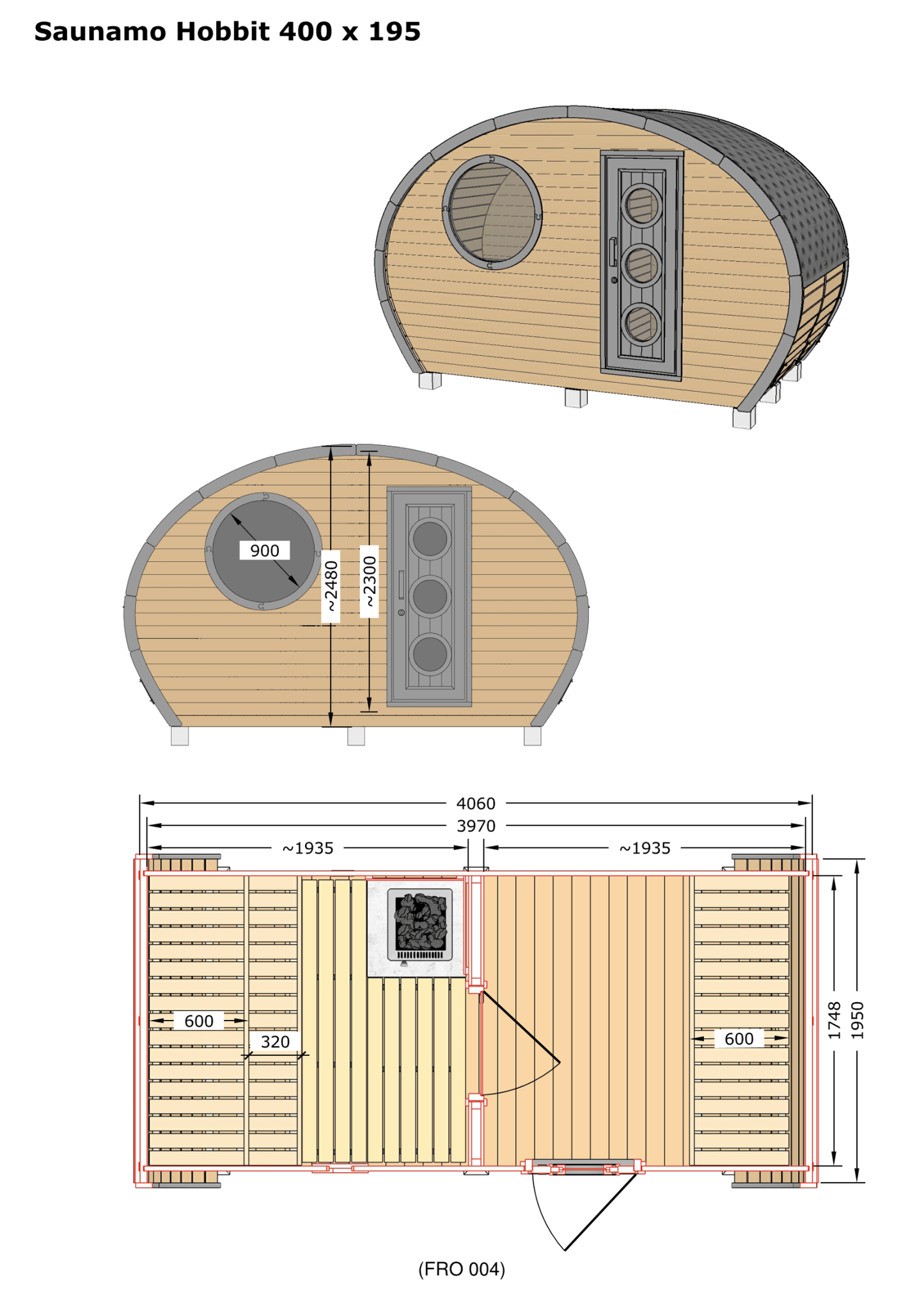 Hobbit 195 outdoor sauna with a rustic curved design.