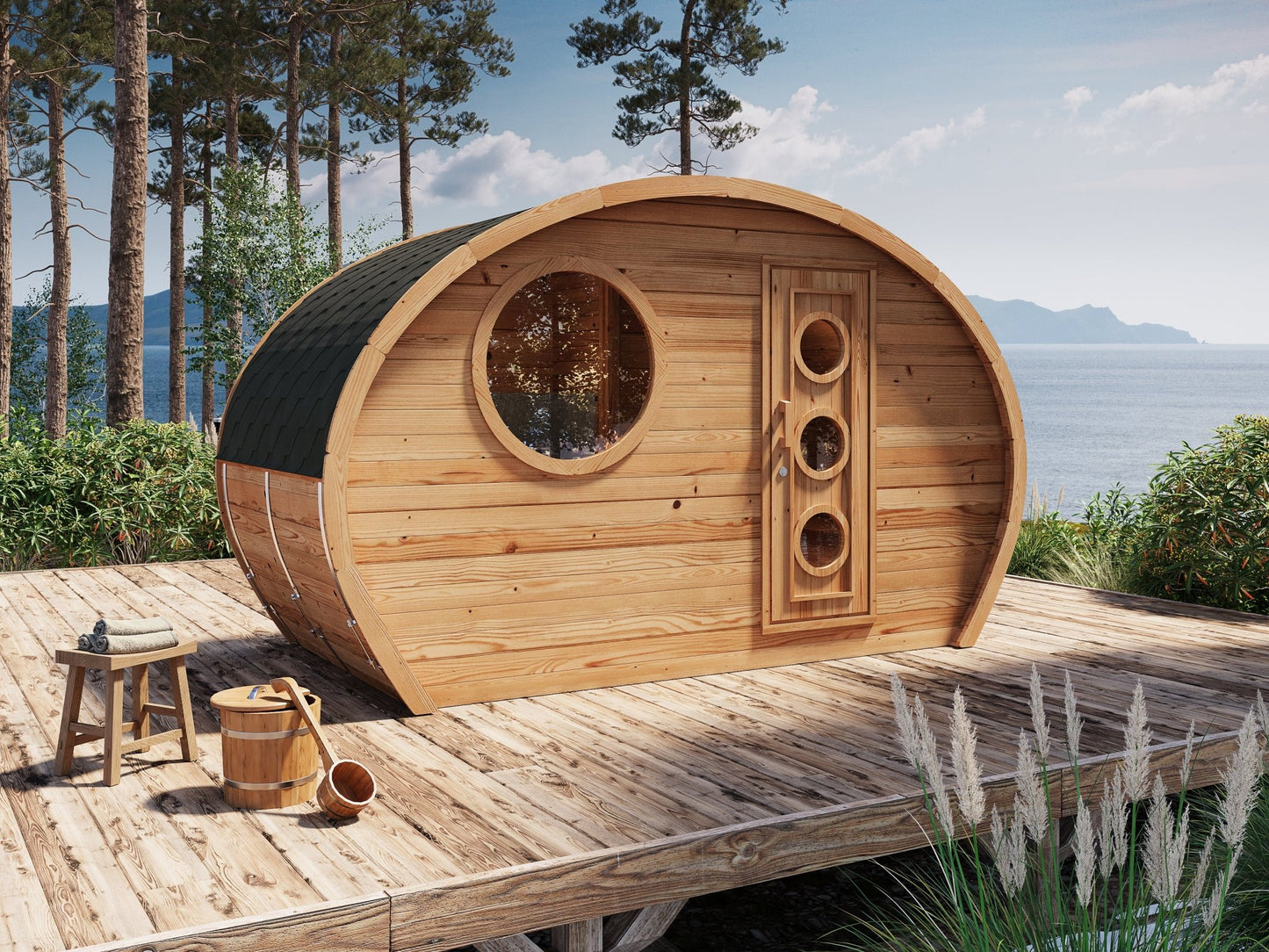 Hobbit 195 outdoor sauna with curved design and circular window.