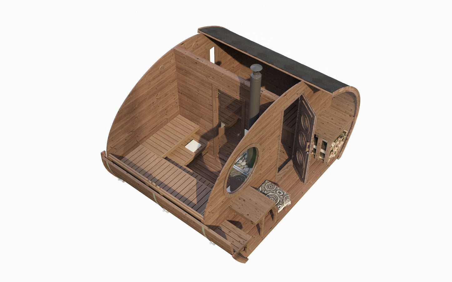 Hobbit 300 outdoor sauna with chimney and rustic design.