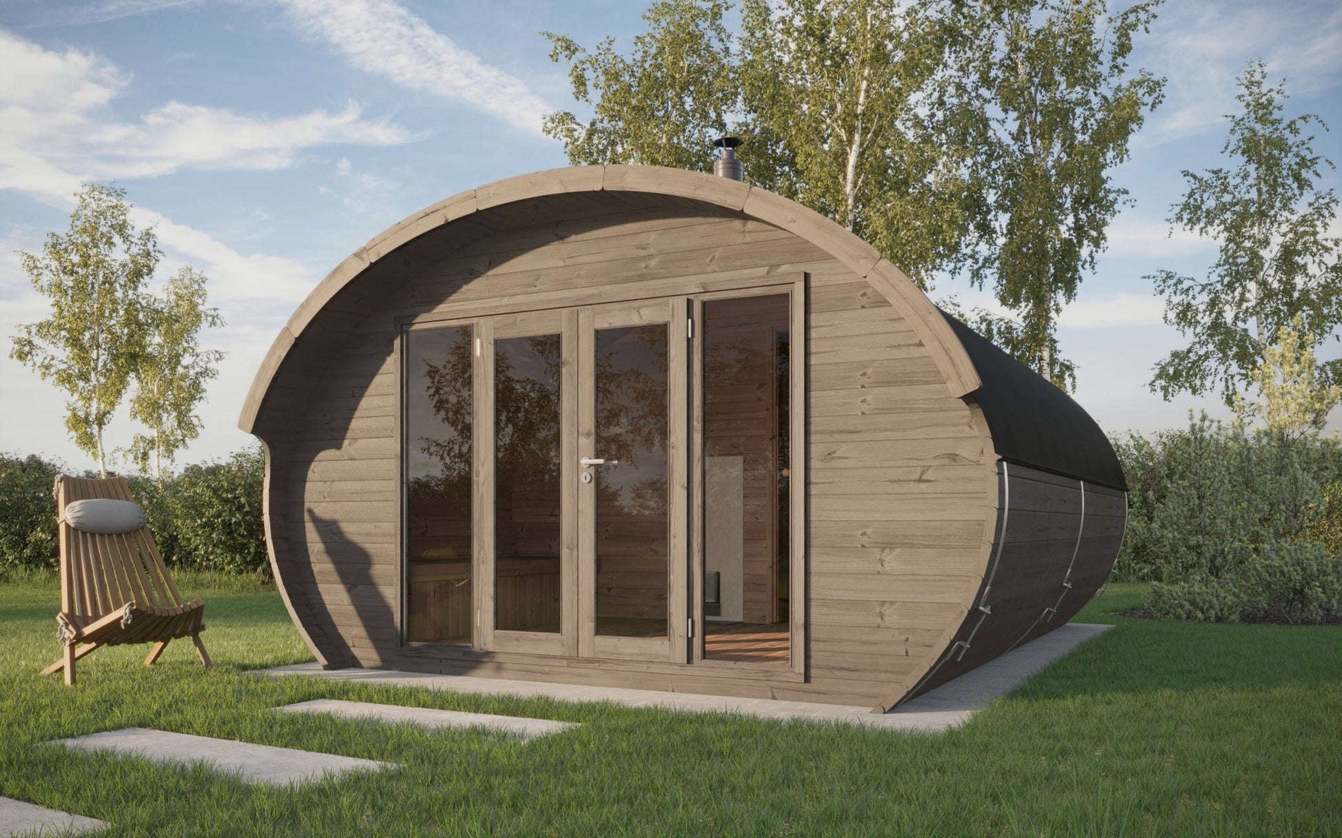 Hobbit 500 outdoor sauna with glass doors and wooden structure.