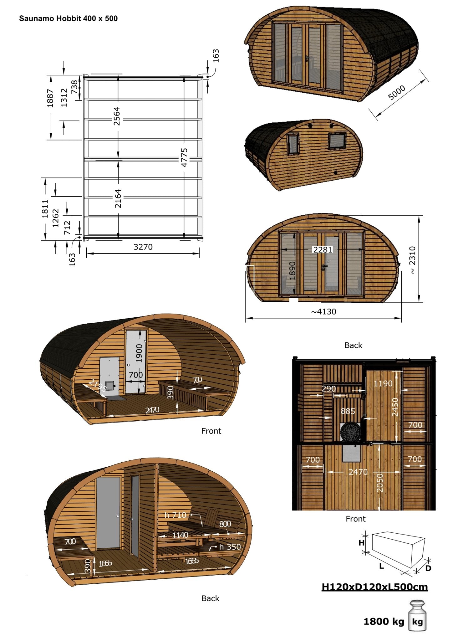 Hobbit 500 outdoor sauna with diagram and floor plan.