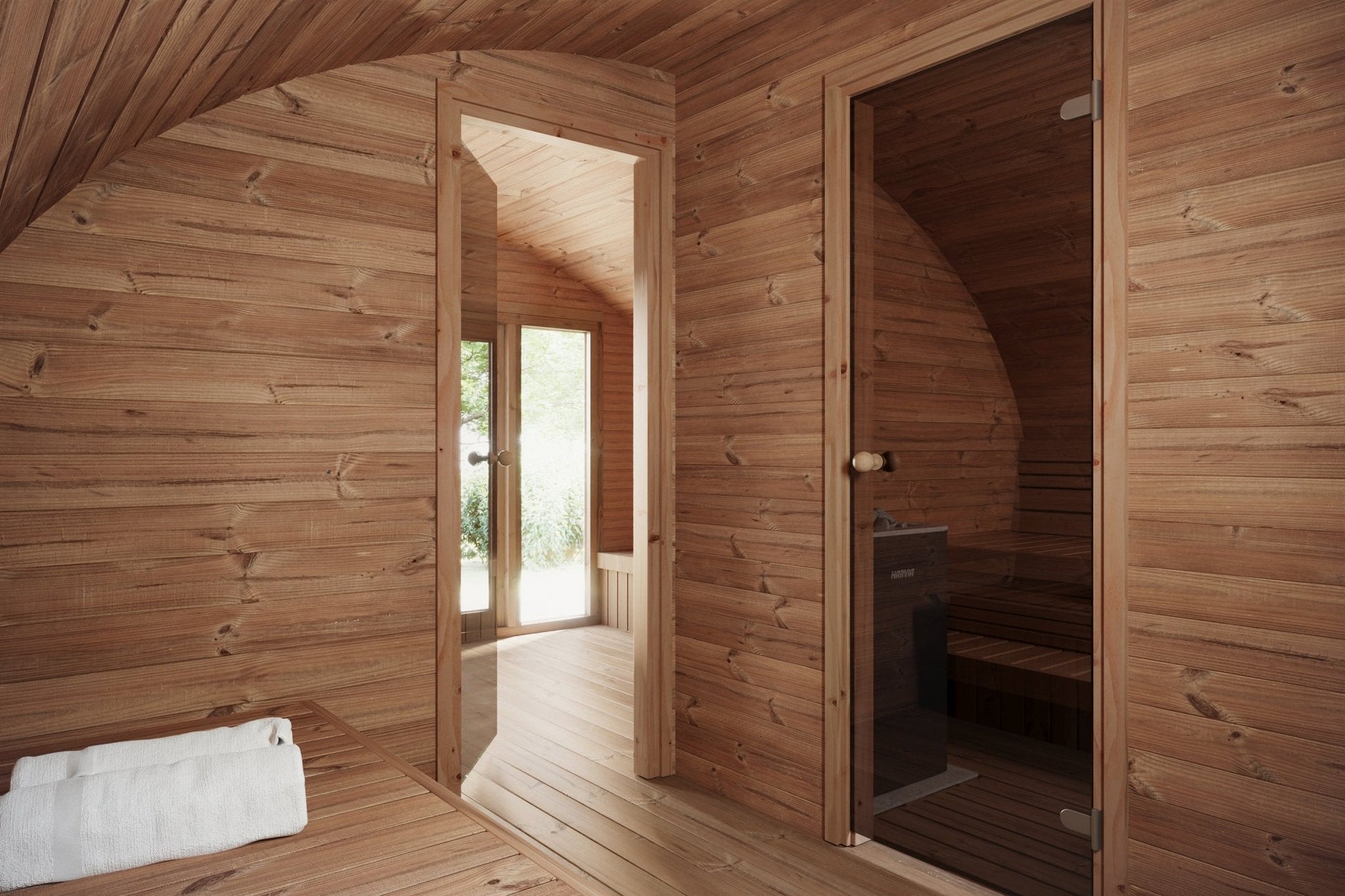 Hobbit 500 outdoor sauna with glass door and wooden wall.